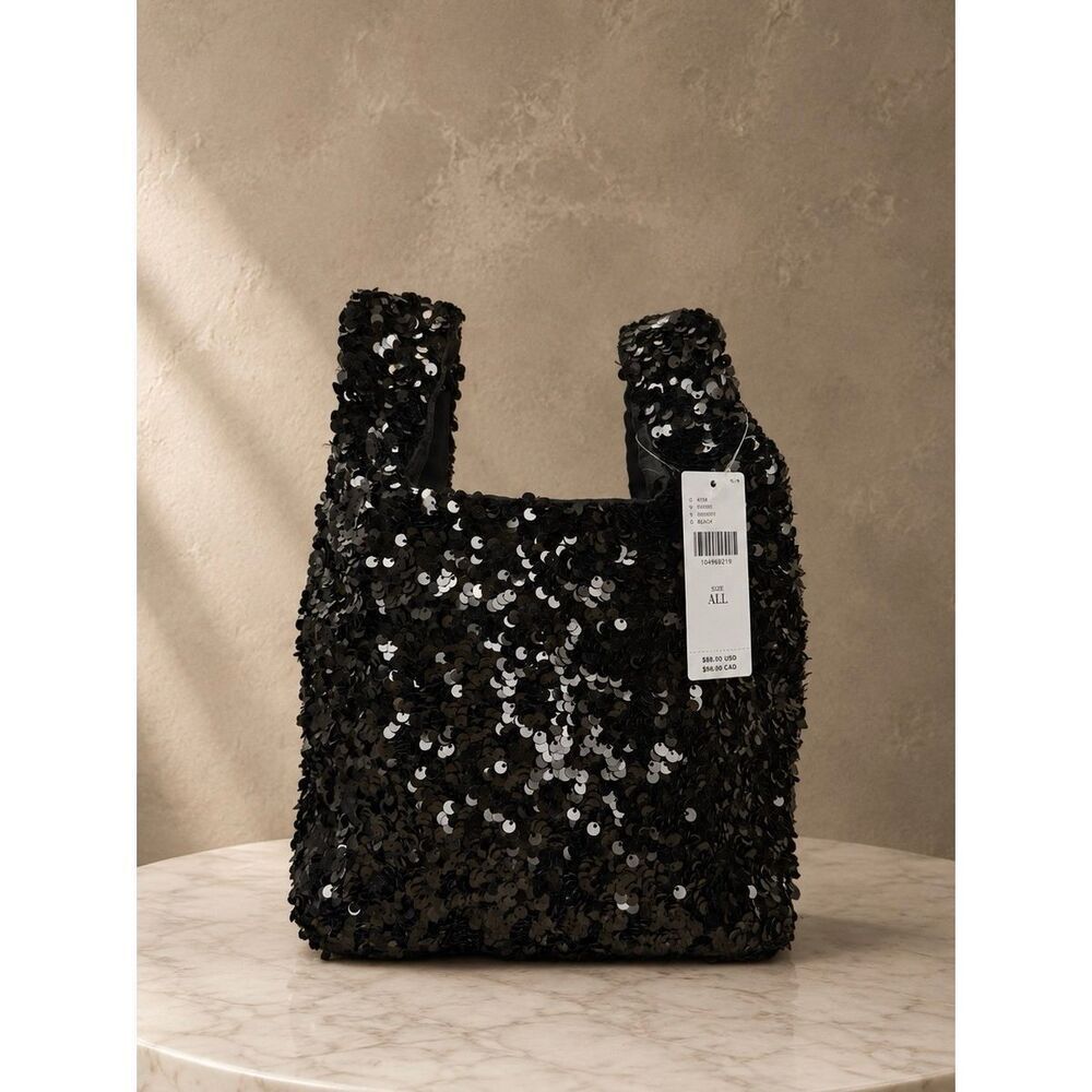 Anthropologie Paillette Sequin Mini Tote Bag Black NWT